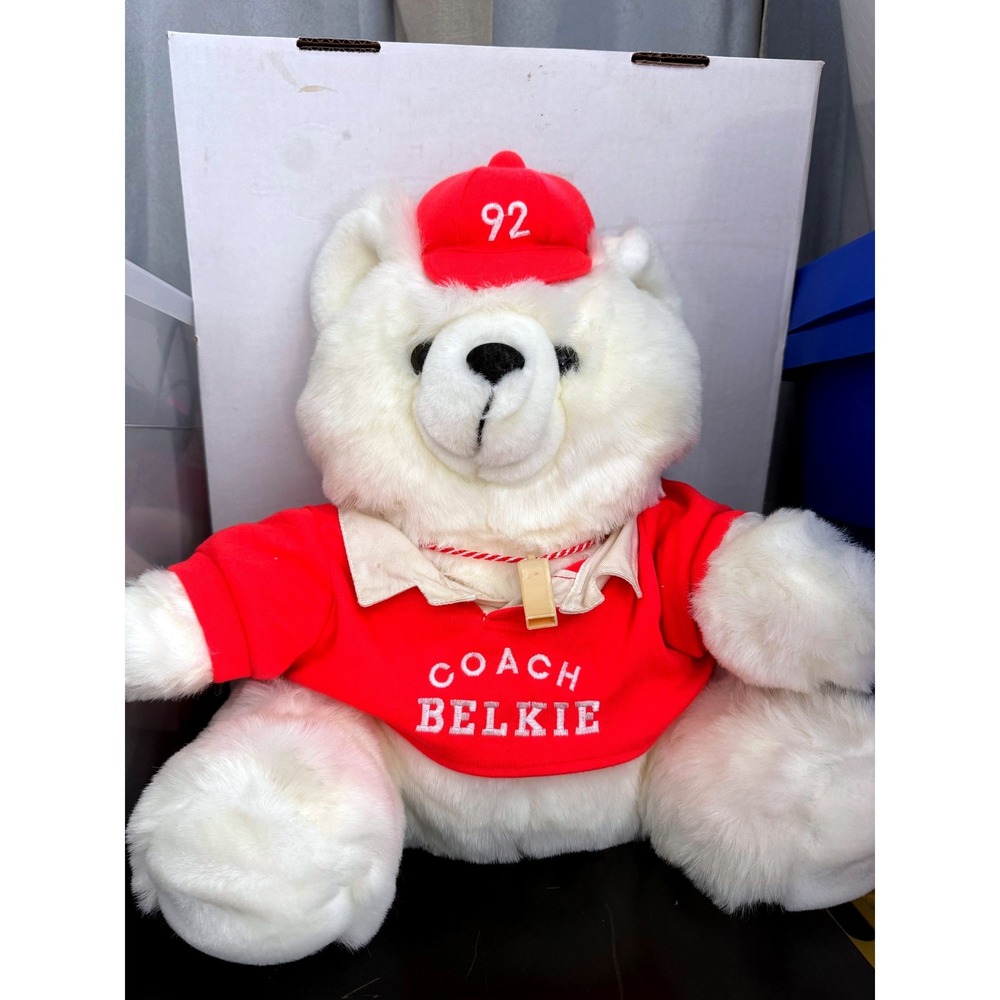 Vintage 1992 Belk Belkie Bear Coach Plush White Teddy Bear Red Shirt 92 Hat